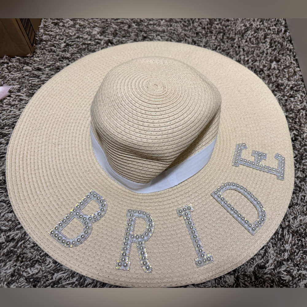 Beige Bride Sun Hat with Rhinestone Letters